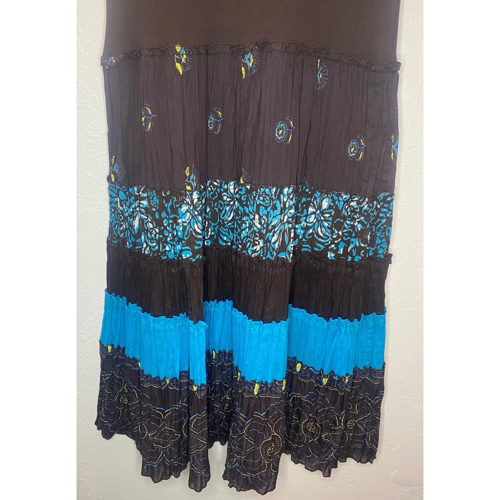 Sangria Tiered Midi Dress Women's 14 Brown Turquoise Embroidered Lagenlook  Boho - Picture 4 of 10